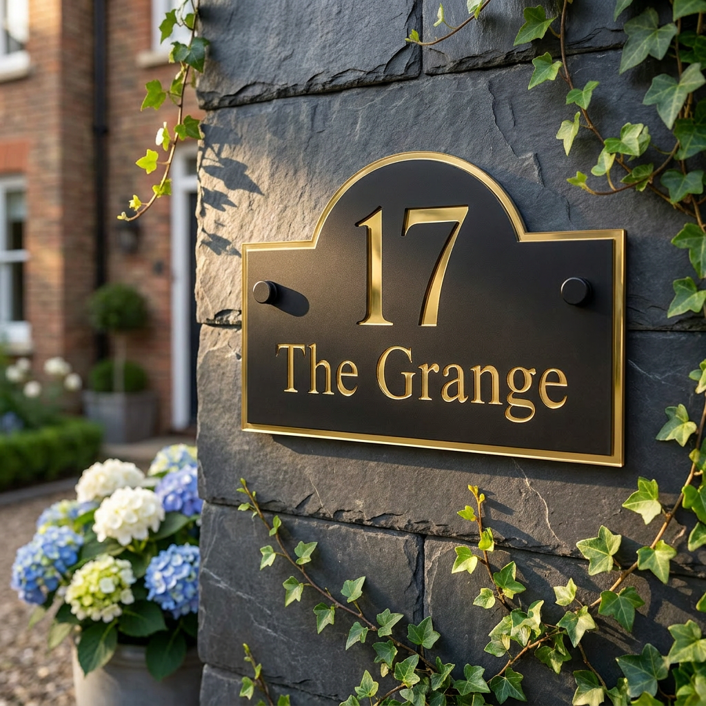 Close up of personalised black and mirror gold arch acrylic house sign mounted on an exterior stone wall