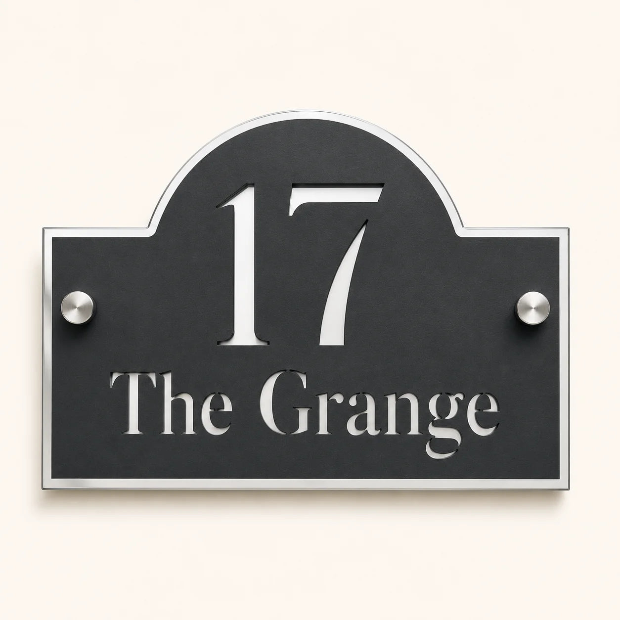 Personalised black and mirror silver acrylic Arch house sign with house number and house name