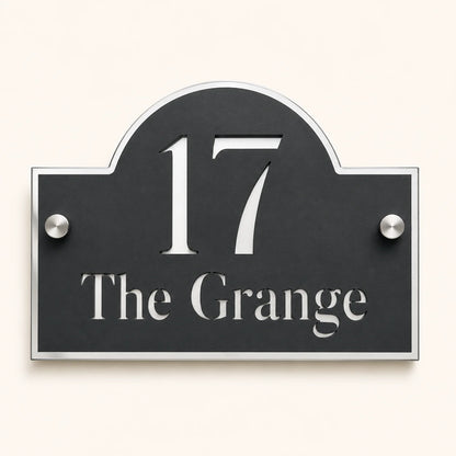 Personalised black and mirror silver acrylic Arch house sign with house number and house name