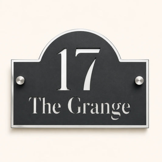 Personalised black and mirror silver acrylic Arch house sign with house number and house name