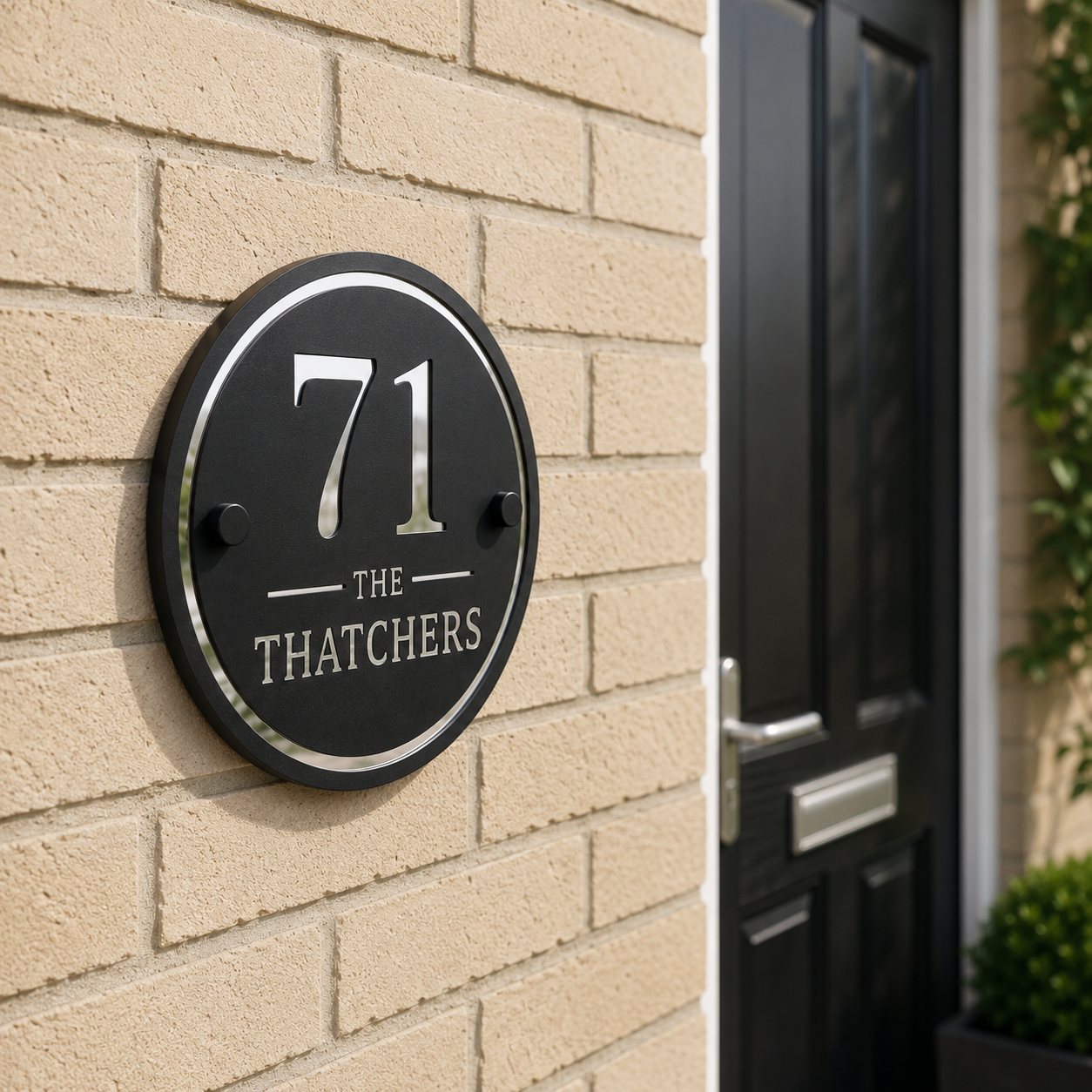 Close up of personalised black and mirror silver house sign mounted on an exterior brick wall