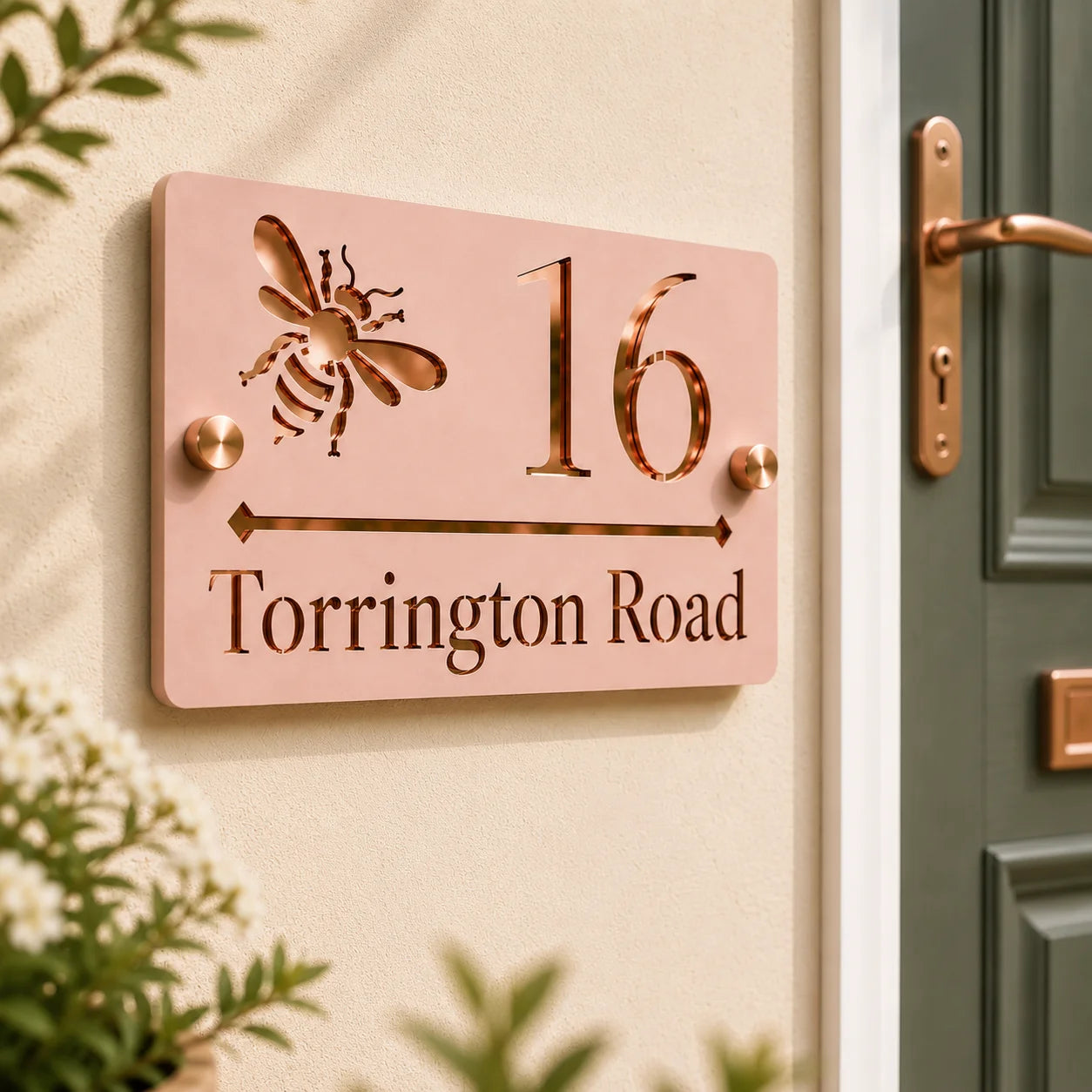 Dusky Pink & Mirror Rose Gold Bee Acrylic House Sign
