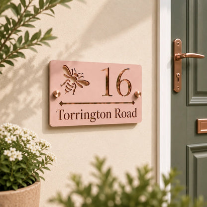 Dusky Pink & Mirror Rose Gold Bee Acrylic House Sign