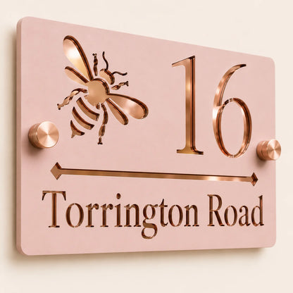Dusky Pink & Mirror Rose Gold Bee Acrylic House Sign