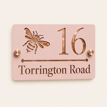 Dusky Pink & Mirror Rose Gold Bee Acrylic House Sign
