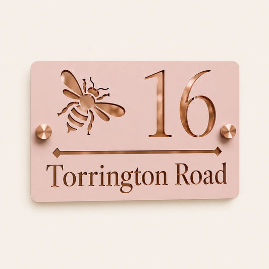 Dusky Pink & Mirror Rose Gold Bee Acrylic House Sign