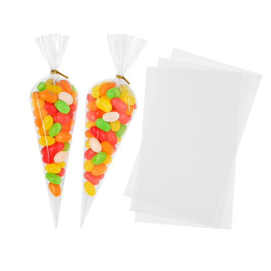 100 x Large Clear Cellophane Cone Bags with Gold Twist Ties – Party Favour Gift Bags for Kids, Weddings, Candy & Sweets (25/30/37cm Sizes)