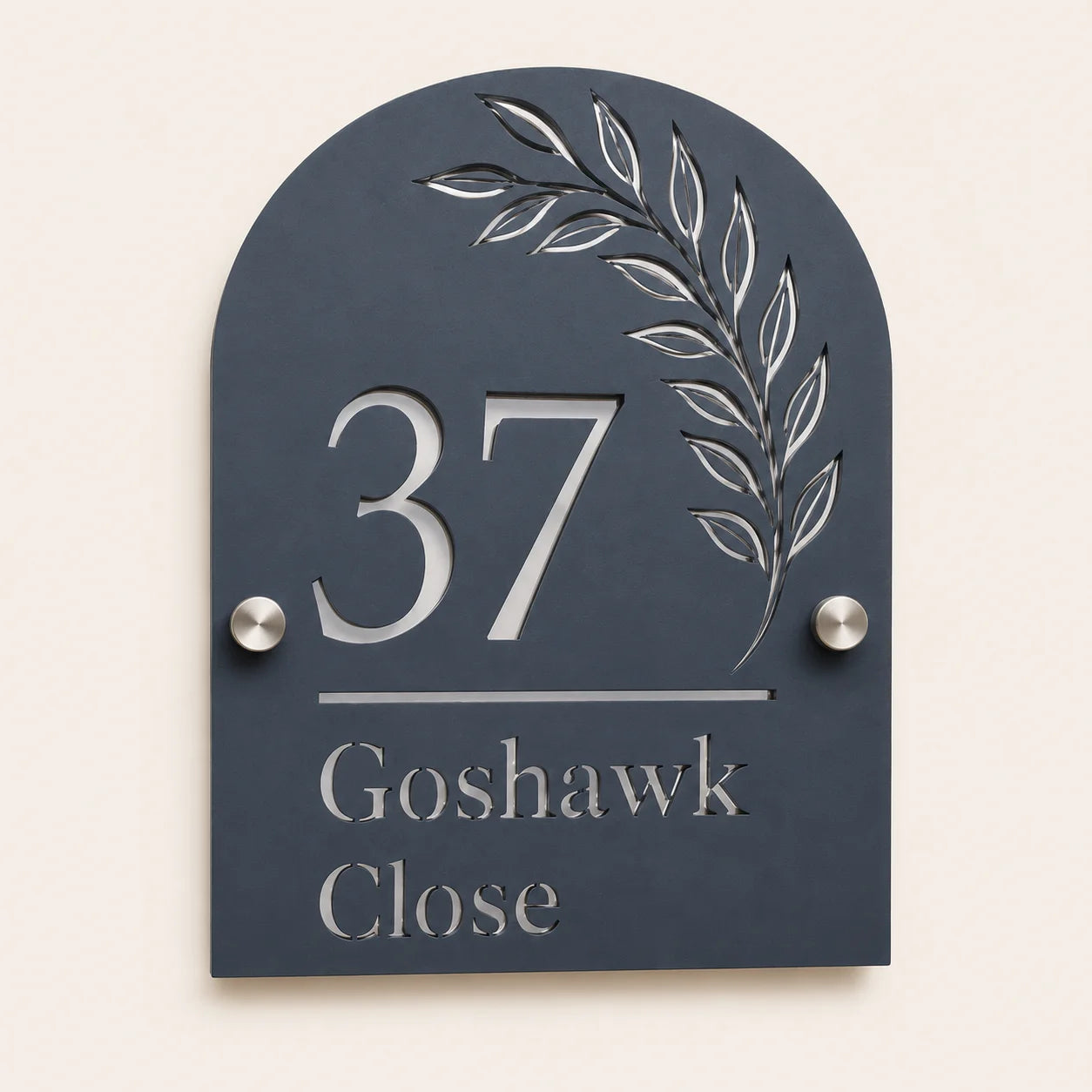 Personalised denim blue arch acrylic house sign with leaf design, house number and street name