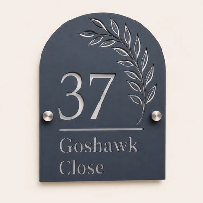 Personalised denim blue arch acrylic house sign with leaf design, house number and street name