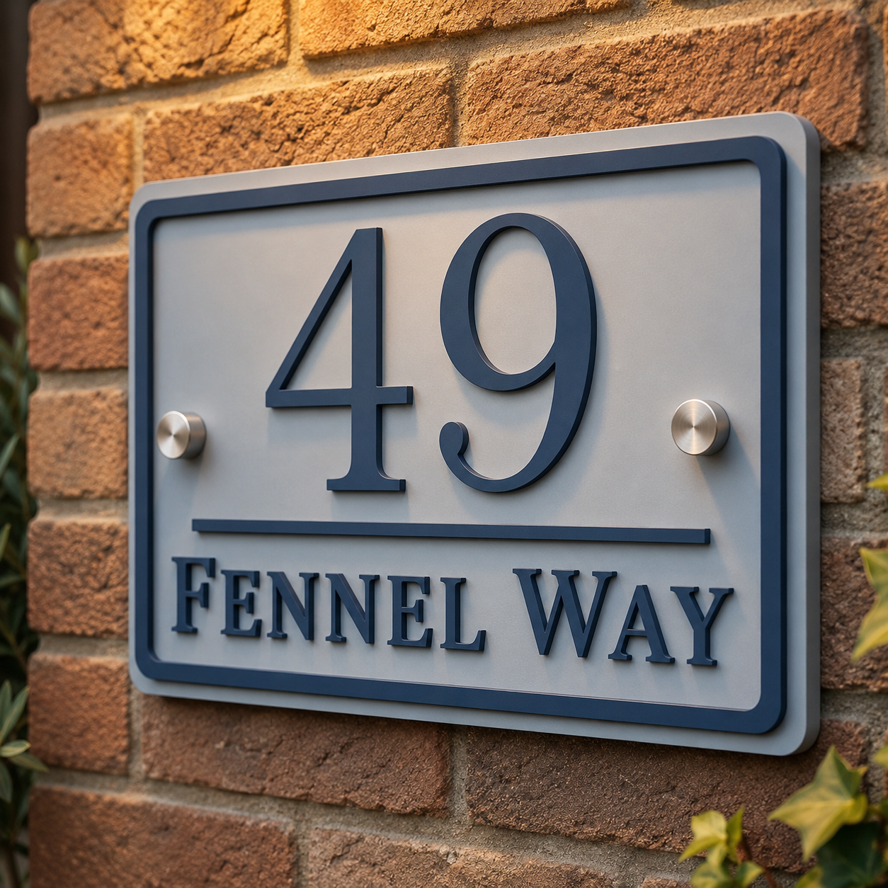 Close up of personalised dusky blue and denim blue acrylic house sign mounted on an exterior brick wall