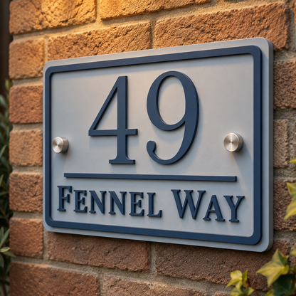Close up of personalised dusky blue and denim blue acrylic house sign mounted on an exterior brick wall