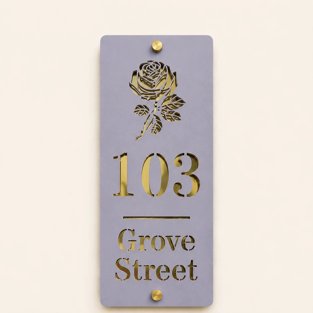 Personalised lavender vertical acrylic house sign with mirror gold rose design, house number and street name
