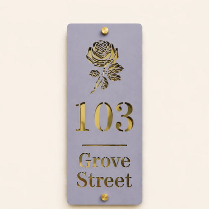 Personalised lavender vertical acrylic house sign with mirror gold rose design, house number and street name