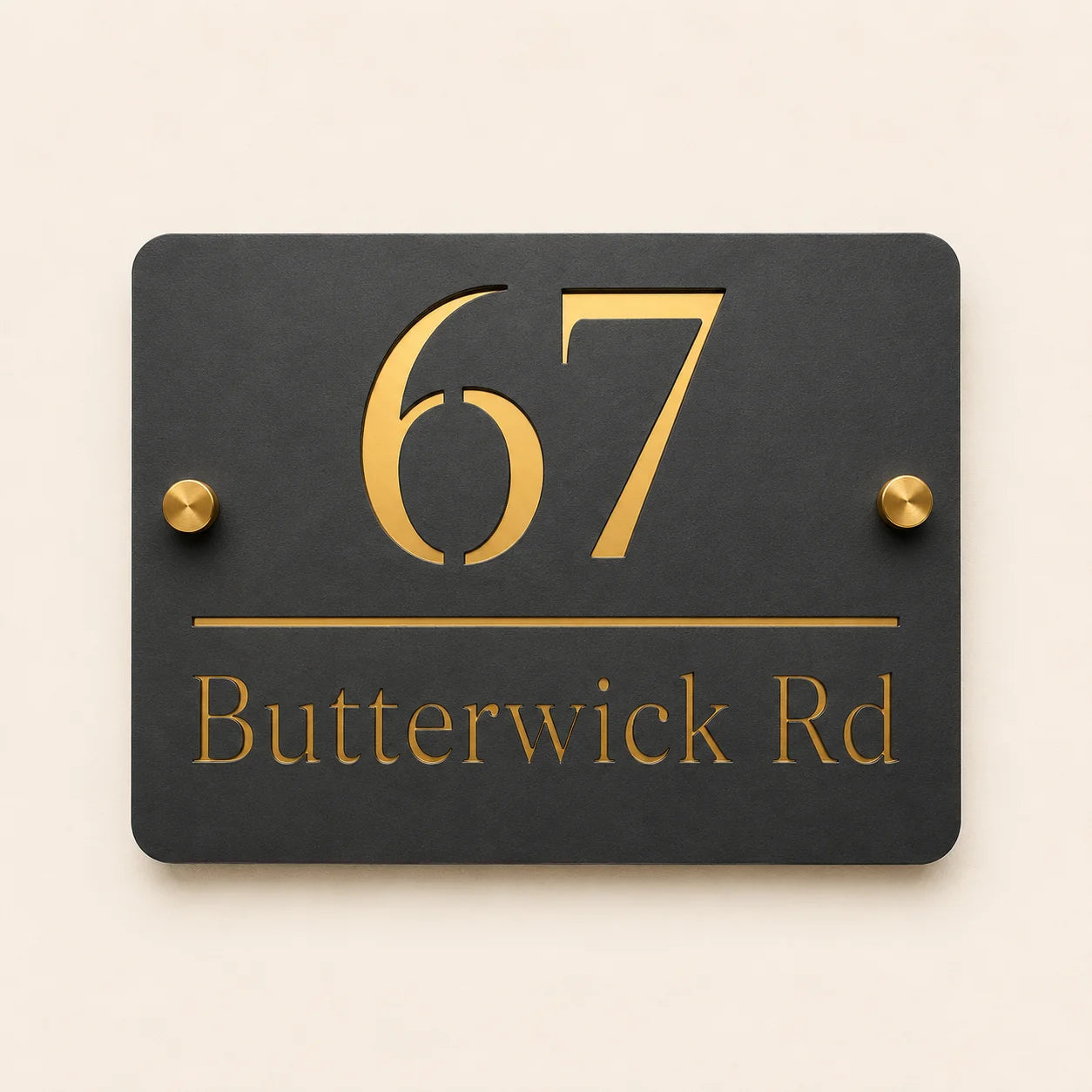 with Gold Mirror House Number and Address
Personalised mineral grey acrylic house sign featuring raised gold mirror house number 67 and Butterwick Rd address with premium brass stand-off fixings.