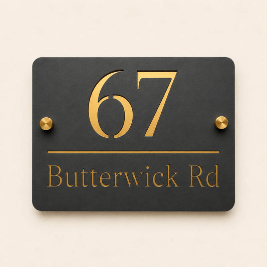 with Gold Mirror House Number and Address
Personalised mineral grey acrylic house sign featuring raised gold mirror house number 67 and Butterwick Rd address with premium brass stand-off fixings.