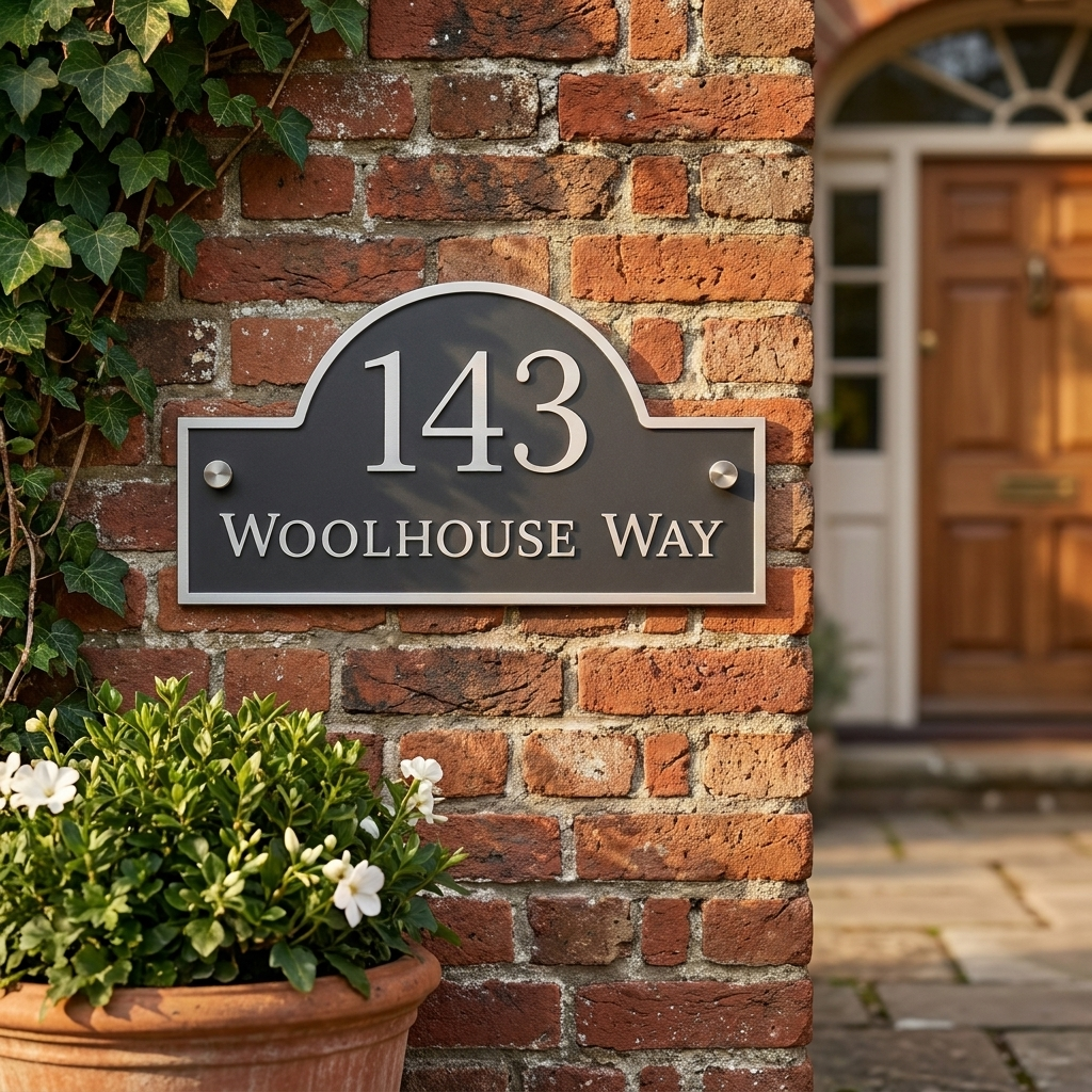 Close up of personalised mineral grey arch acrylic house sign with raised white lettering mounted on an exterior brick wall