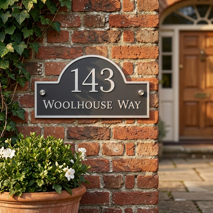 Close up of personalised mineral grey arch acrylic house sign with raised white lettering mounted on an exterior brick wall