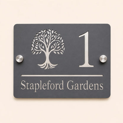 Personalised mineral grey rectangular acrylic house sign with mirror silver tree design, house number and street name