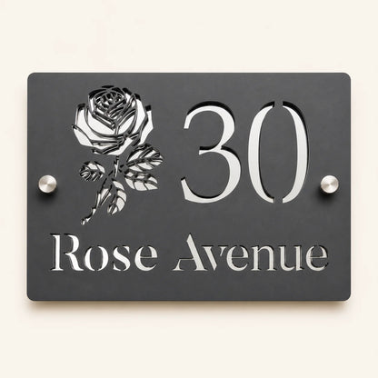 Personalised mineral grey rectangular acrylic house sign with mirror silver rose design, house number and street name
