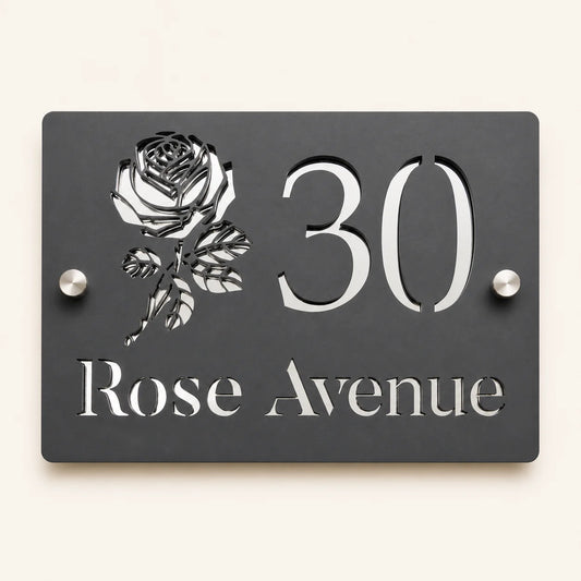 Personalised mineral grey rectangular acrylic house sign with mirror silver rose design, house number and street name