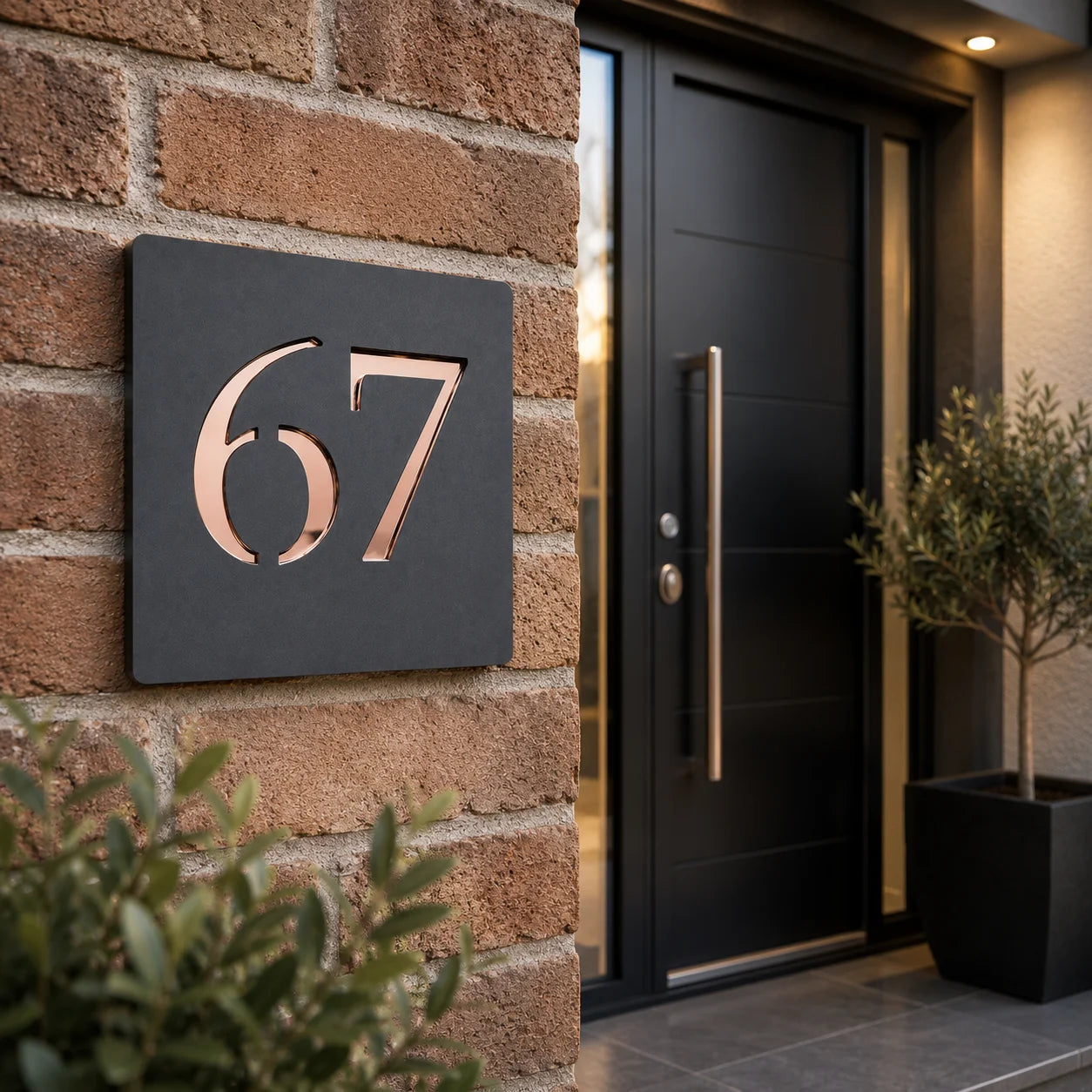Personalised anthracite grey acrylic house number sign with rose gold mirror number 67 displayed beside a stylish contemporary front entrance.