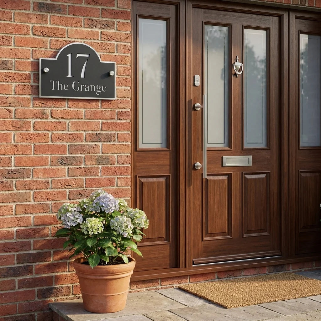 Personalised black and mirror silver acrylic house sign mounted on a brick wall beside a front door