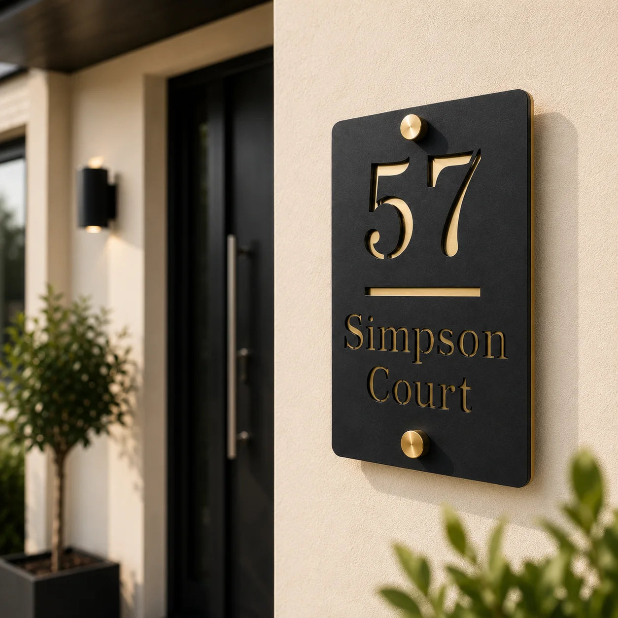 Personalised black vertical acrylic house sign with mirror gold detailing mounted beside a modern front door