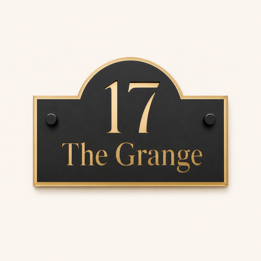 Personalised black and mirror gold arch acrylic house sign with house number and house name