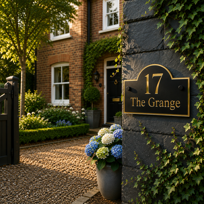 Personalised black and mirror gold arch acrylic house sign mounted outside a traditional brick home