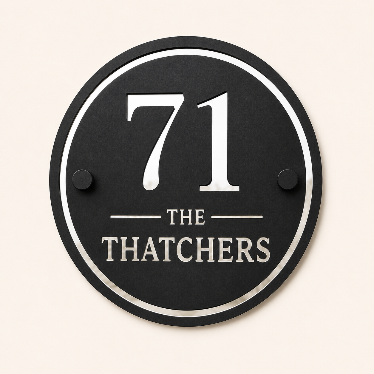 Personalised black and mirror silver round acrylic house sign with house number and family name