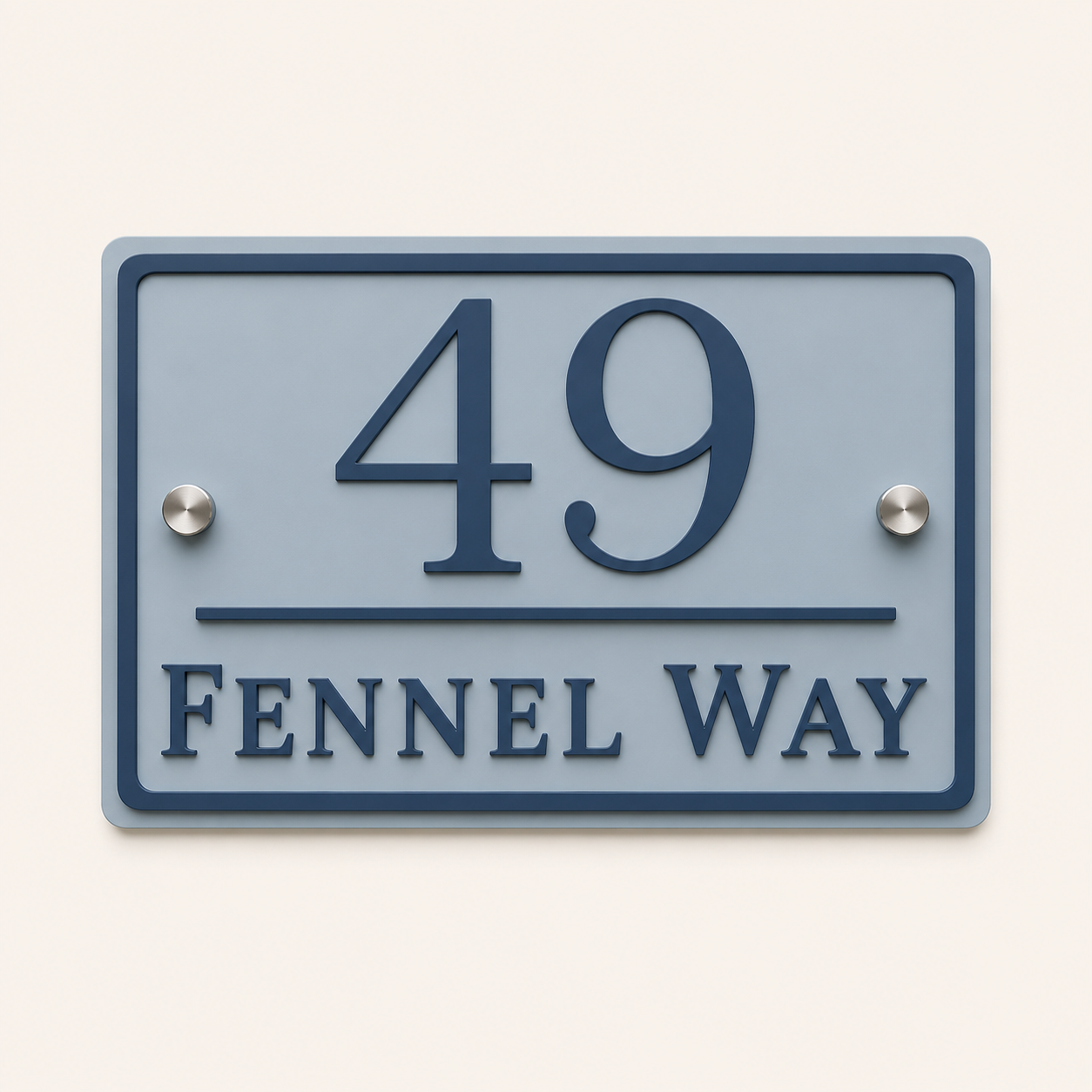 Personalised dusky blue and denim blue acrylic house sign with raised house number and street name