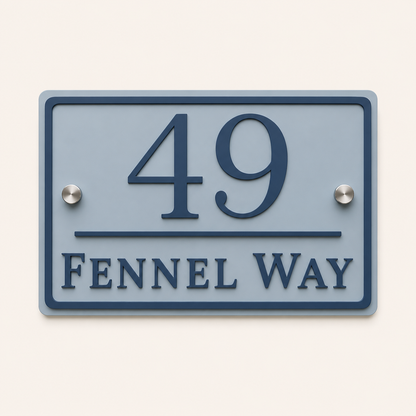Personalised dusky blue and denim blue acrylic house sign with raised house number and street name