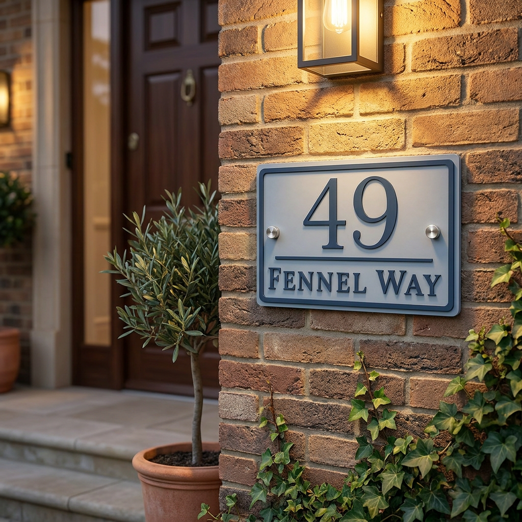 Personalised dusky blue and denim blue acrylic house sign mounted beside the entrance of a brick home