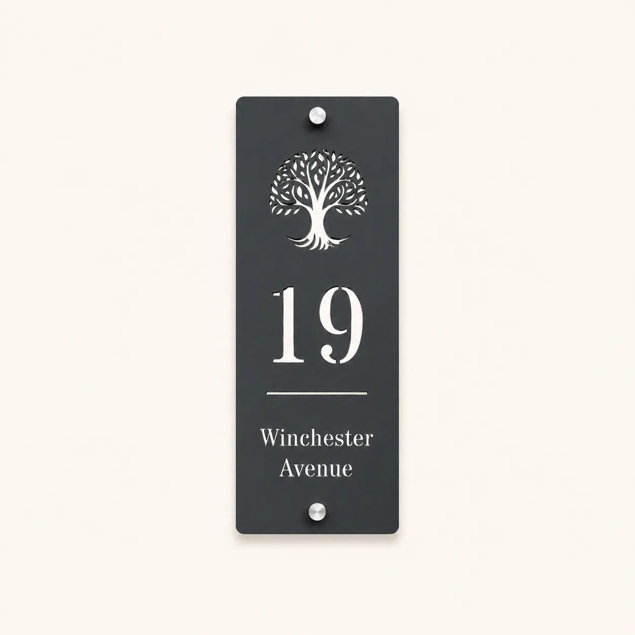 Personalised mineral grey house sign with tree design, number 19 and Winchester Avenue
