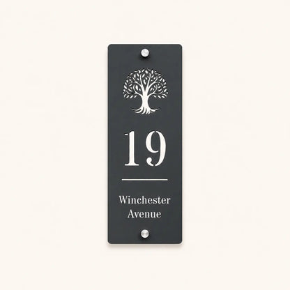 Personalised mineral grey house sign with tree design, number 19 and Winchester Avenue