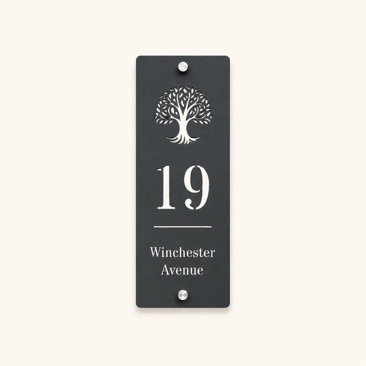Personalised mineral grey house sign with tree design, number 19 and Winchester Avenue