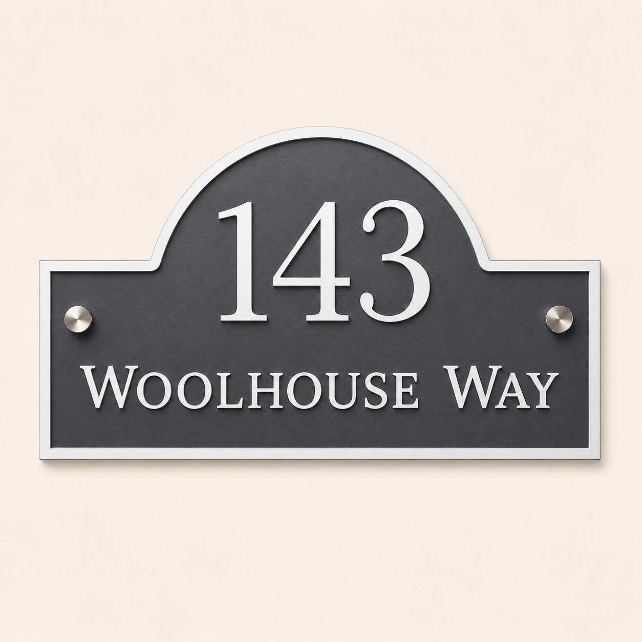 Personalised mineral grey arch acrylic house sign with raised white house number and street name