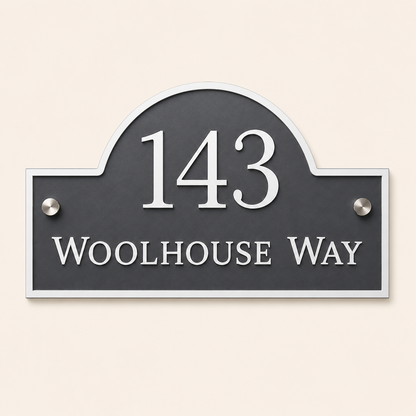 Personalised mineral grey arch acrylic house sign with raised white house number and street name