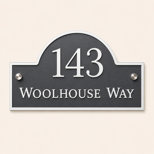 Personalised mineral grey arch acrylic house sign with raised white house number and street name