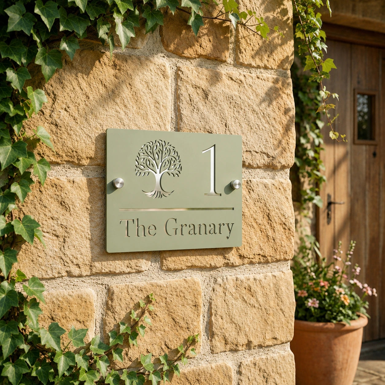 Personalised sage green and mirror silver acrylic rectangle house sign mounted beside a cottage front door