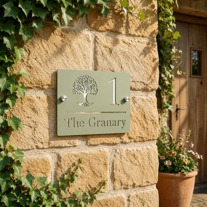Personalised sage green and mirror silver acrylic rectangle house sign mounted beside a cottage front door