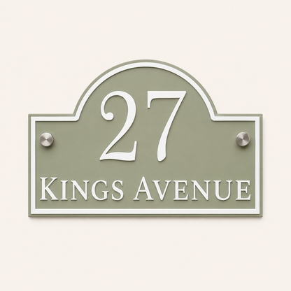 Personalised sage green arch acrylic house sign with raised white house number and street name
