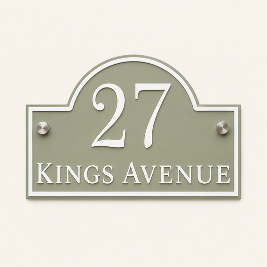 Personalised sage green arch acrylic house sign with raised white house number and street name