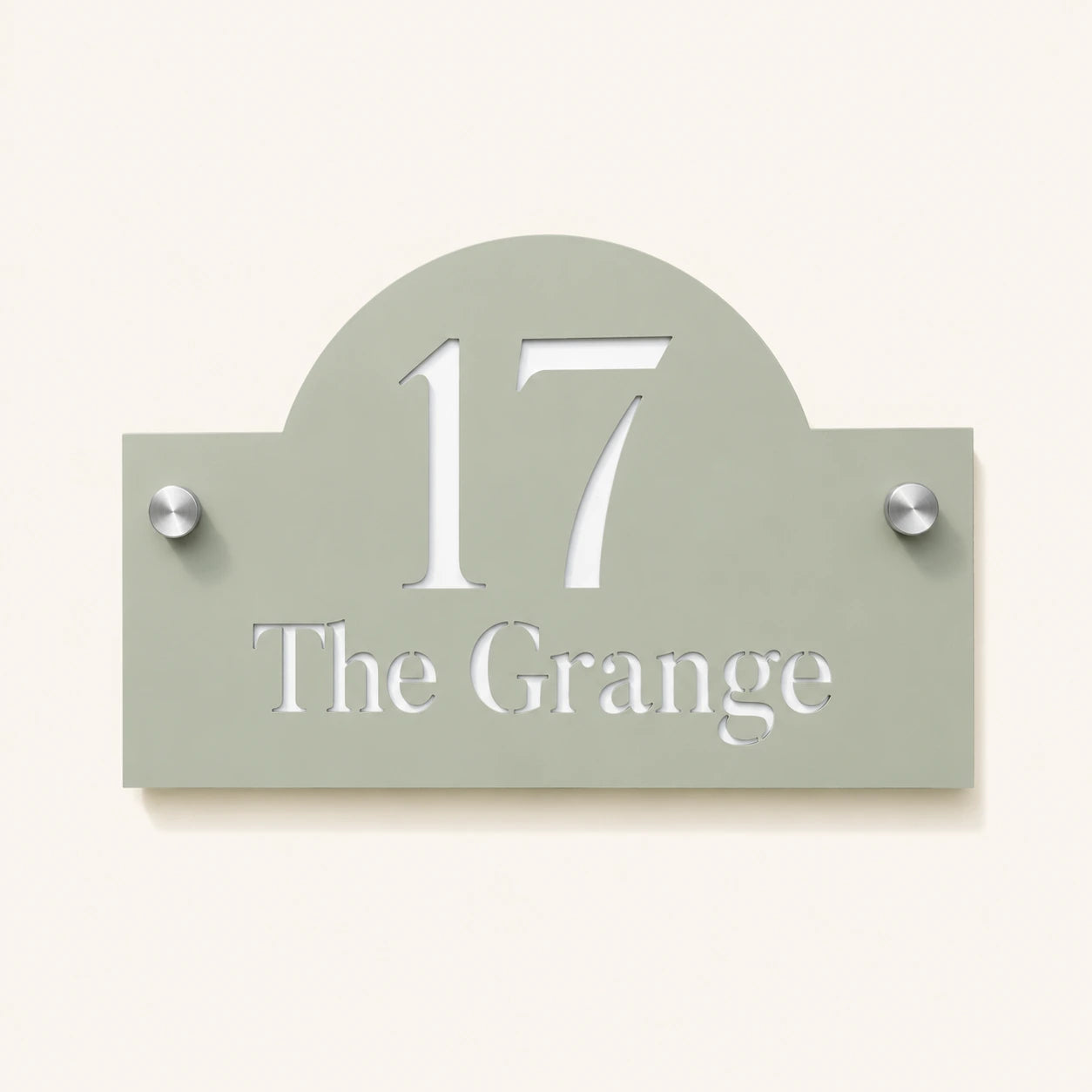 Personalised sage green arch acrylic house sign with number 17 and The Grange