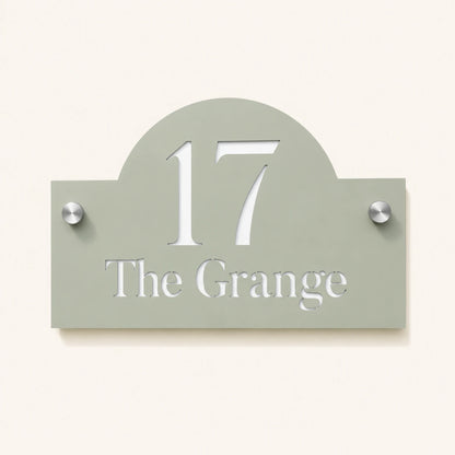 Personalised sage green arch acrylic house sign with number 17 and The Grange