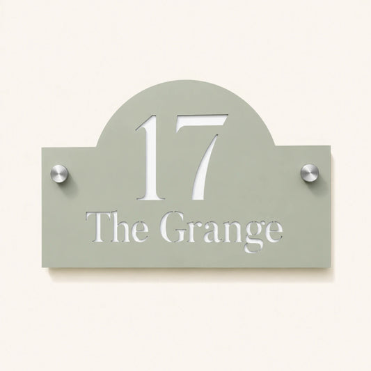 Personalised sage green arch acrylic house sign with number 17 and The Grange