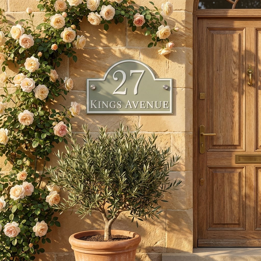 Personalised sage green arch acrylic house sign with white lettering mounted beside a traditional front door
