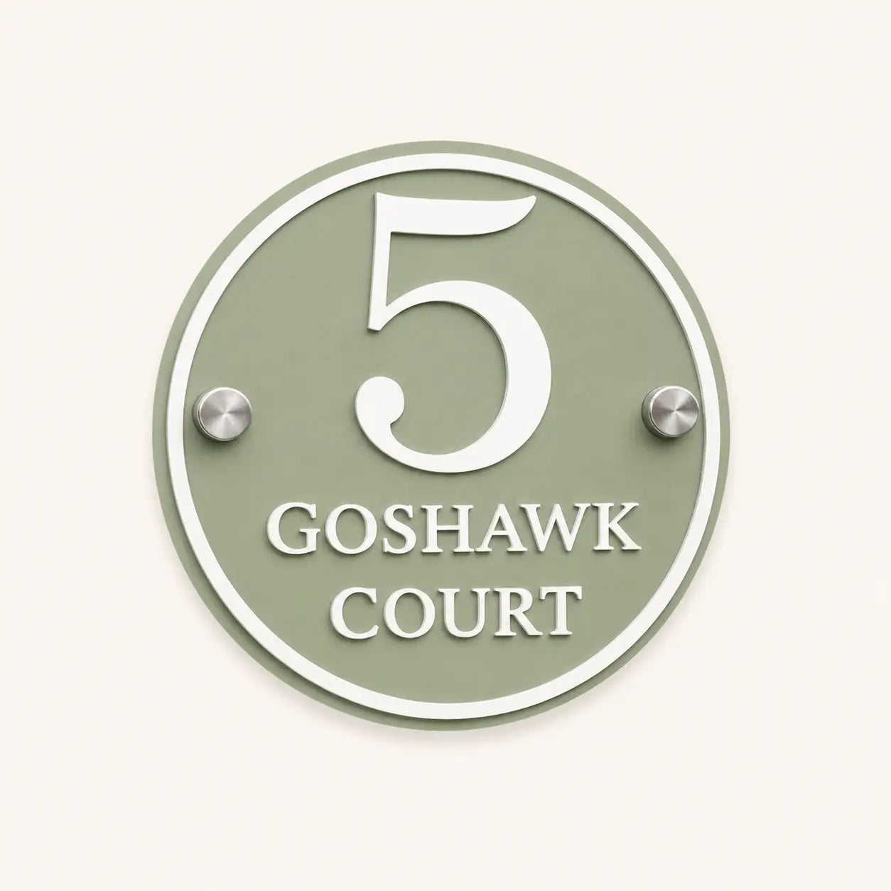 Personalised sage green round acrylic house sign with raised white number 5 and Goshawk Court lettering