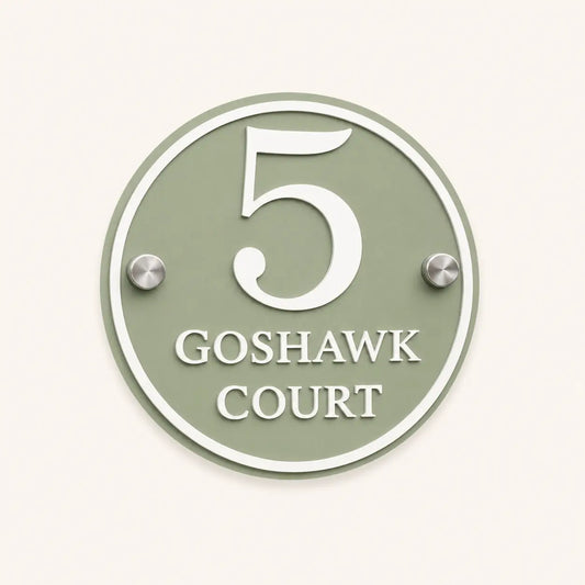 Personalised sage green round acrylic house sign with raised white number 5 and Goshawk Court lettering