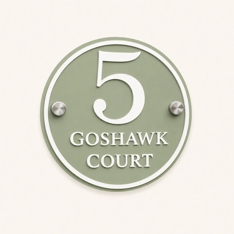 Personalised sage green round acrylic house sign with raised white number 5 and Goshawk Court lettering